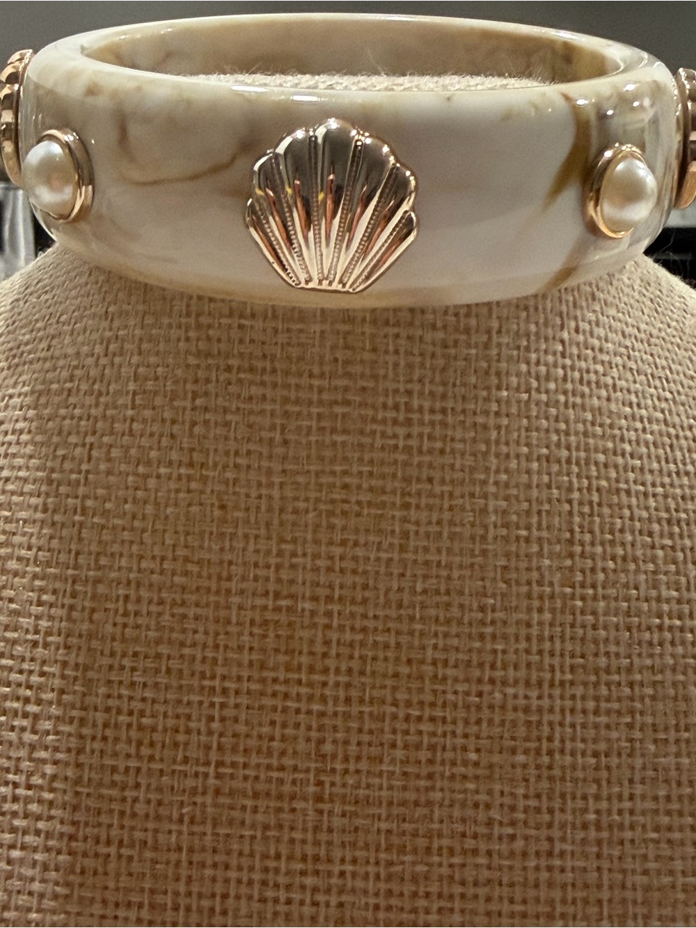 Pearl-Embellished Shell Bangle Bracelet